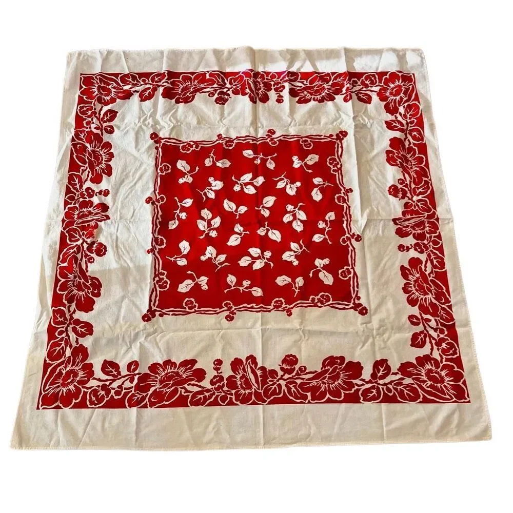 Vintage Springmaid Red and White Flowered Tablecloth See Details